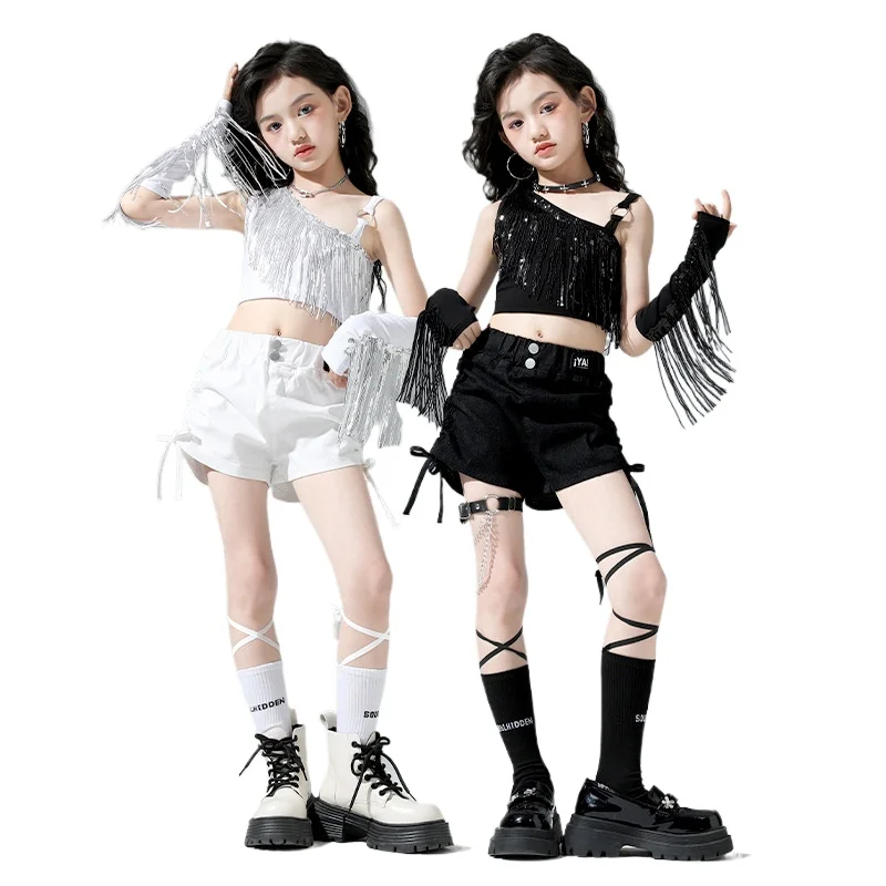 

Костюм для уличных танцев для девочек, костюм для девочек с баргом пупка, джазовый танцевальный костюм, модная модная модель, подиум, блестки, кисточка