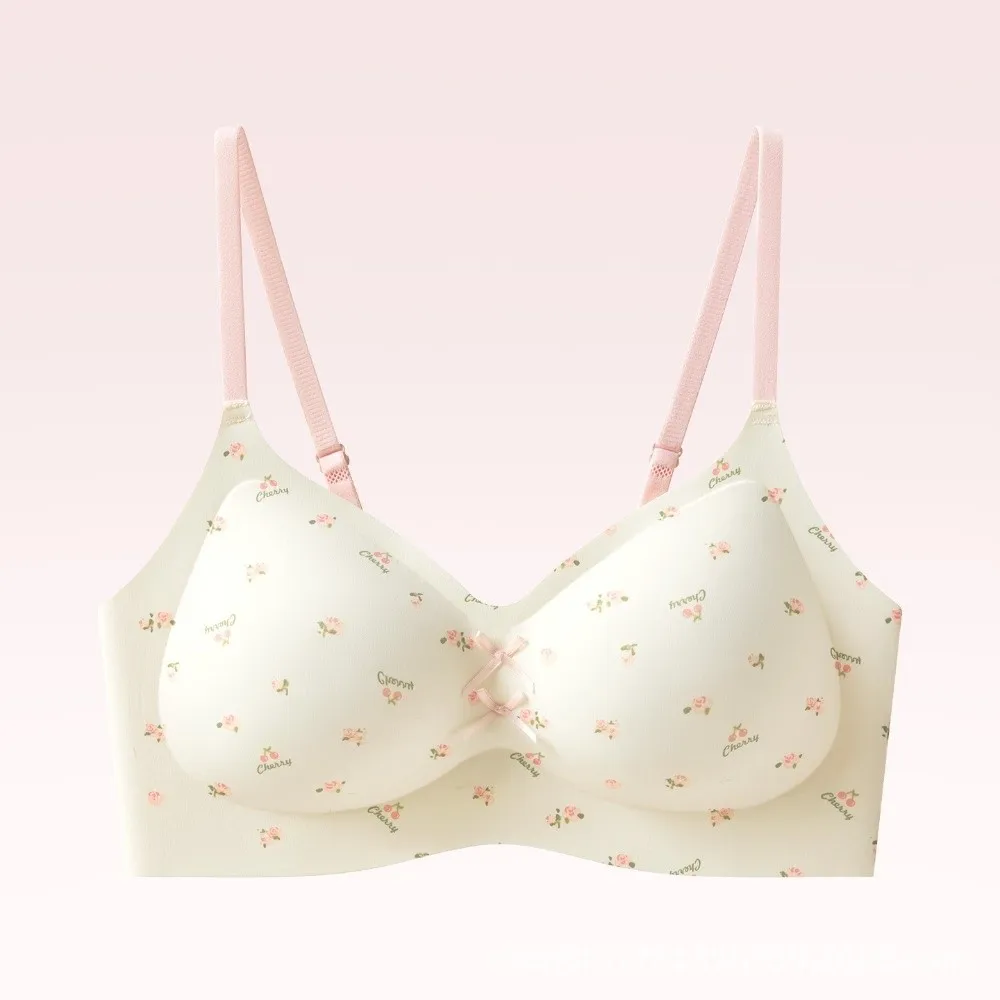 Traceless Dots Wireless V Bra Shockproof Flower Bow Brassiere for Women Anti-sagging Lingerie Seamless Floral Print Bra Yoga