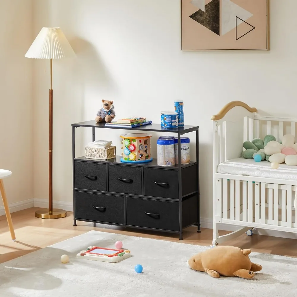 TV Stand Dresser  with 5 Fabric Drawer,45 inch Television, Media Console Table with Storage, Open Shelf, Adjustable Feet