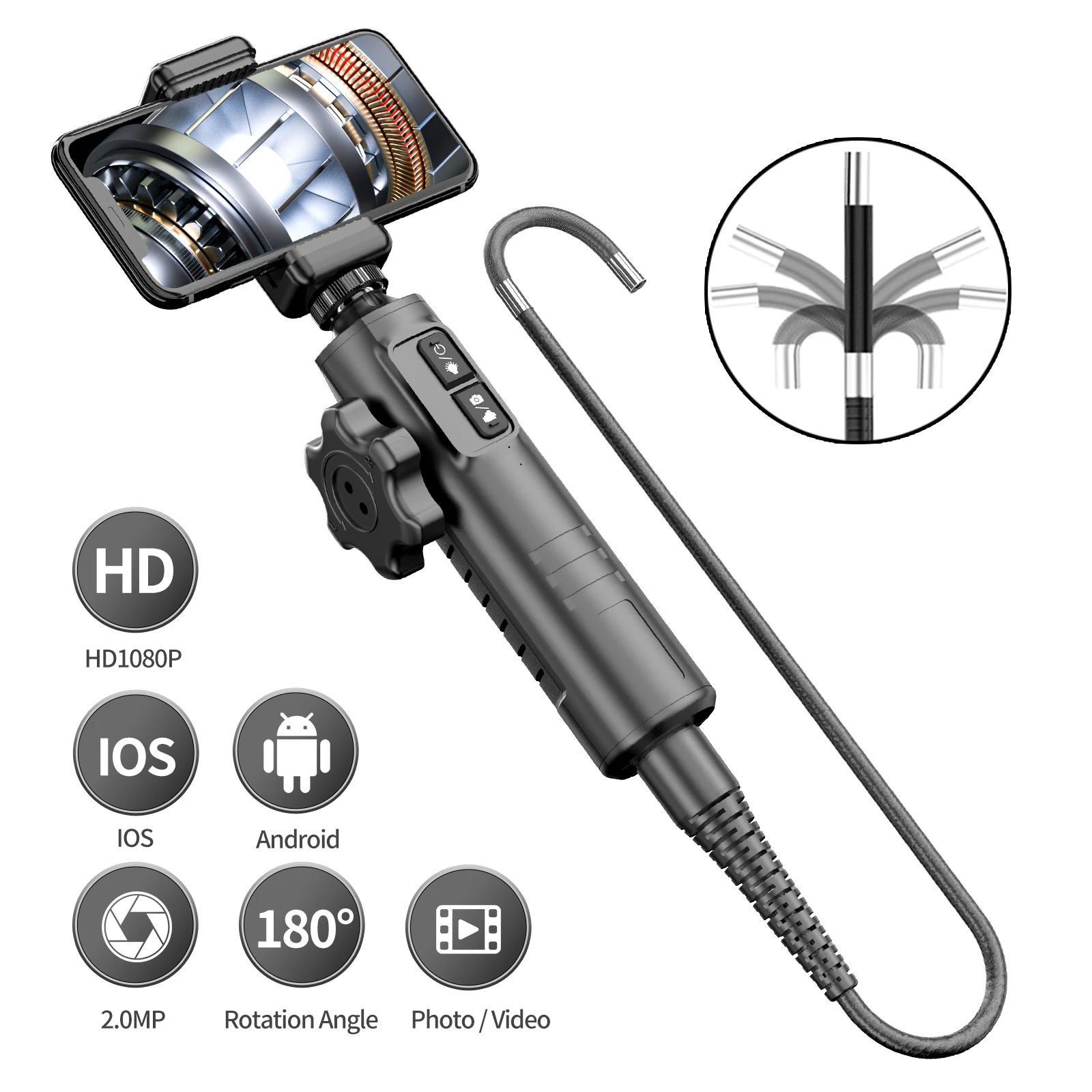 camera articuladora de inspecao borescope ip67 impermeavel sonda de direcao hd 1080p endoscopio para android e ios telefone lente 85 mm 01