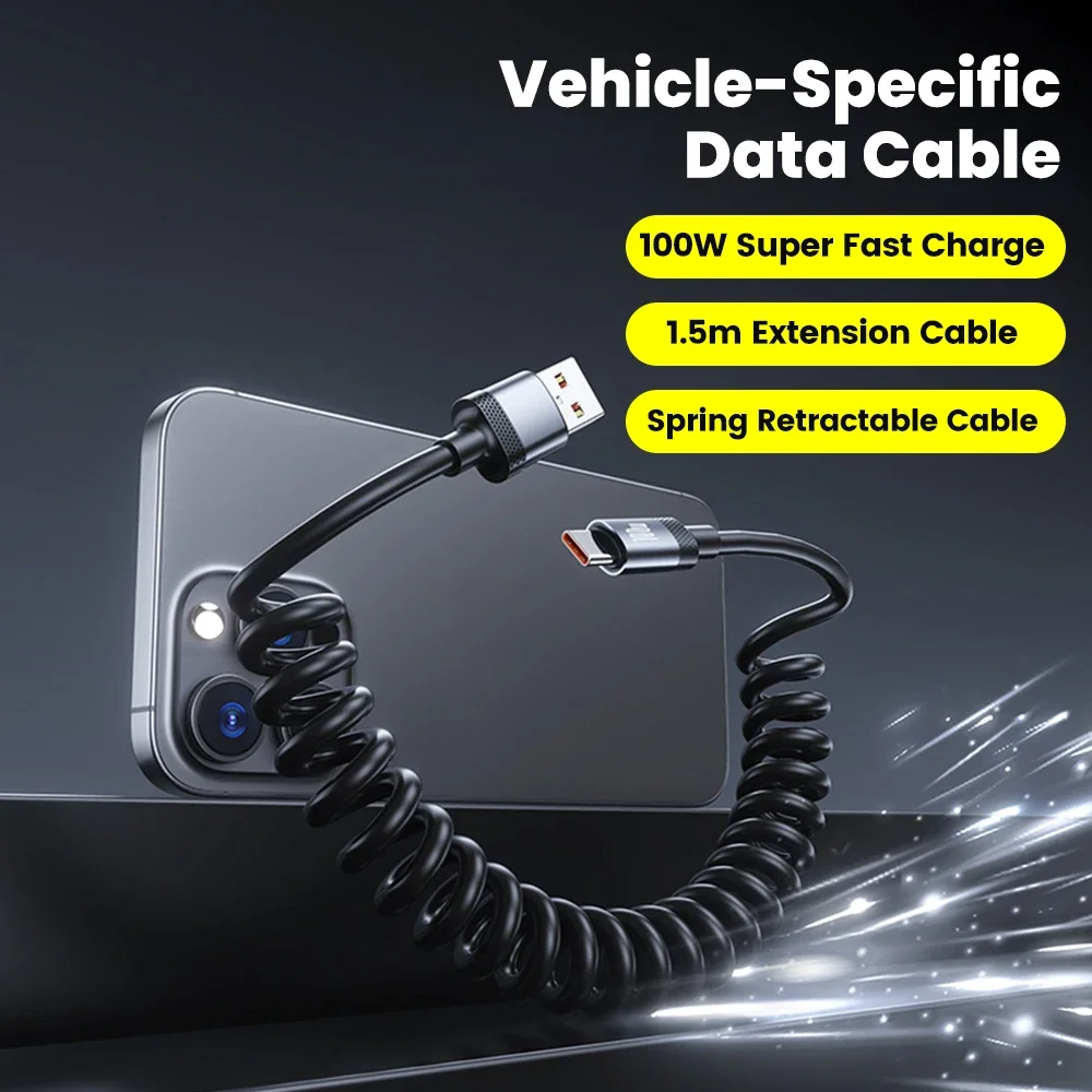 Olaf 100W 5A Type C To Type C Cable Spring Retractable Car Phone Charger USB Fast Charge For iPhone 16 15 Xiaomi Samsung Huawei