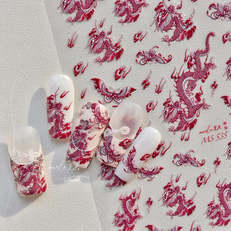 1pc 5D Vintage Drachen Muster Nail art Aufkleber Chinesische Mythologie Xiangyun Stickerei Schmetterling Aufkleber Geprägte Retro Maniküre DIY