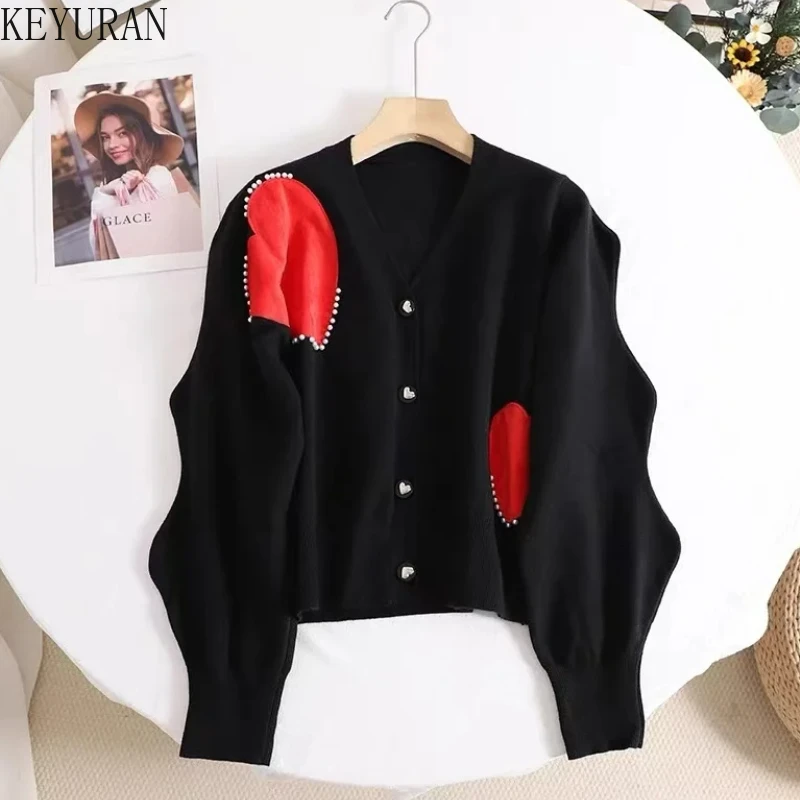 Retro Lazy Gentle Temperament Love Sweater Women Spring Autumn Fashion Peals Beaded Knitted Cardigan Jacket Ladies Knitwear Tops