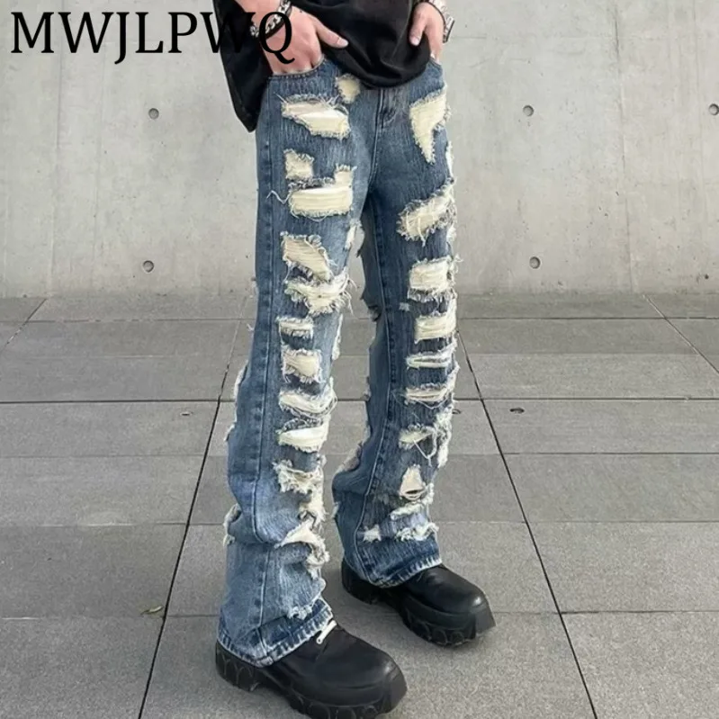 

MWJLPWQ потертые джинсы с дырками, мужские джинсы в американском стиле High Street, узкие осенние прямые брюки с разрезом на молнии по краям 12289