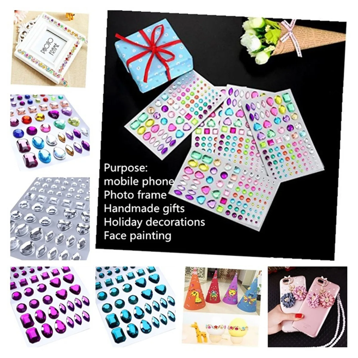สติกเกอร์คริสตัลอะคริลิค 2 แผ่น หลากสี ติดเองได้ สำหรับตกแต่งเล็บ เจลขัดเงา ลอกออกได้ สำหรับเล็บปลอม ร้านทำเล็บ และใช้ในบ้าน