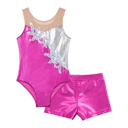 Kids Girls Metallic Mesh Patchwork Glitter paillettes Faux Diamonds Adorned body con pantaloncini per danza classica ginnastica dancewear