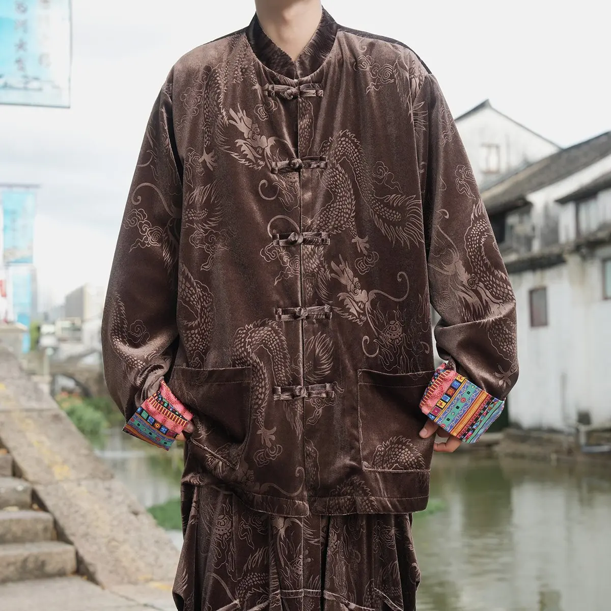 New Chinese Style Patchwork Color Block Dragon Pattern Silk Velvet Men's Shirt Jacket Button up Loose Fit Long Sleeve Coat