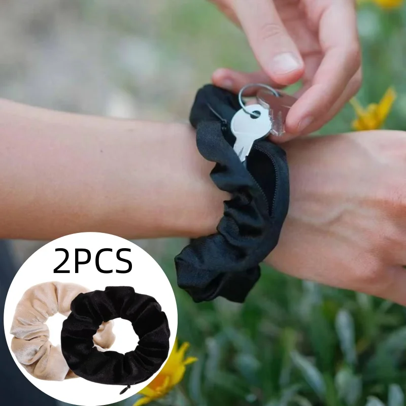 2Pcs Elastic Zipper Bracelet Coin Purse Multifunctional Wrist Pouch for Travel Running Outdoor Sports Women Daily Storage & Hair