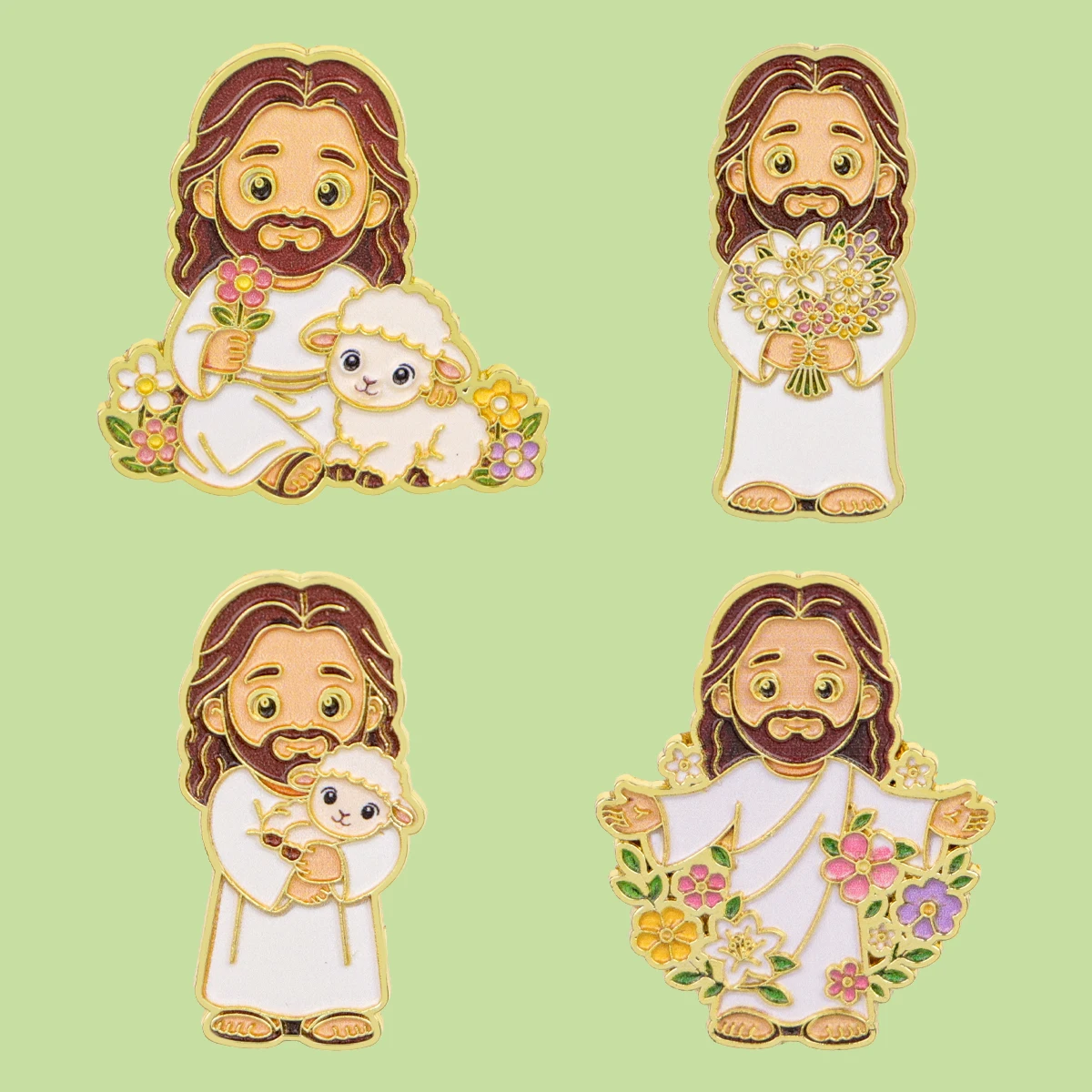 4-teiliges Set Cartoon-Jesus-Emaille-Pin Schaf & Lamm Blumen-Brosche Anstecknadeln Abzeichen für Rucksack Kostüm-Accessoires Schmuck Geschenk
