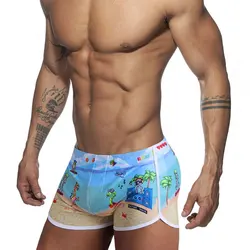 New Swim Trunk Men Sexy Boxer Shorts Surfing and Beach Sports Men's Swimming Pants Swimsuit Swimwear Blue Printed