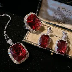 Mahenggai Pigeon Blood Ruby Earrings with 18K Gold Plated Garnet Red Rectangular Zircon Necklace