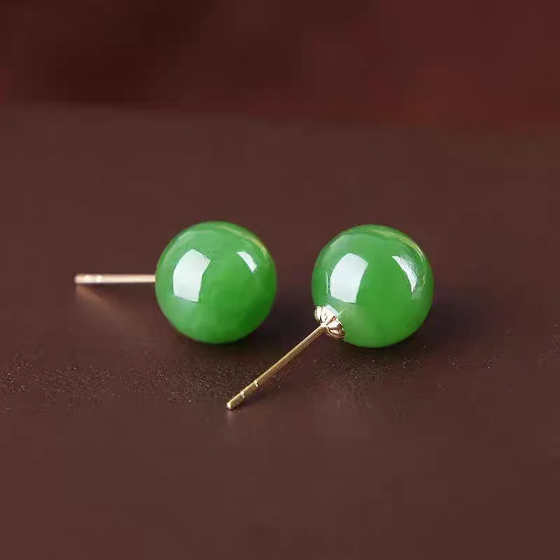 SMILE Real 18K Gold Green Bead Earrings Au750 Gold Hetian Jade Earrings Women's Classic Earrings Boutique Jewelry Gifts E0140