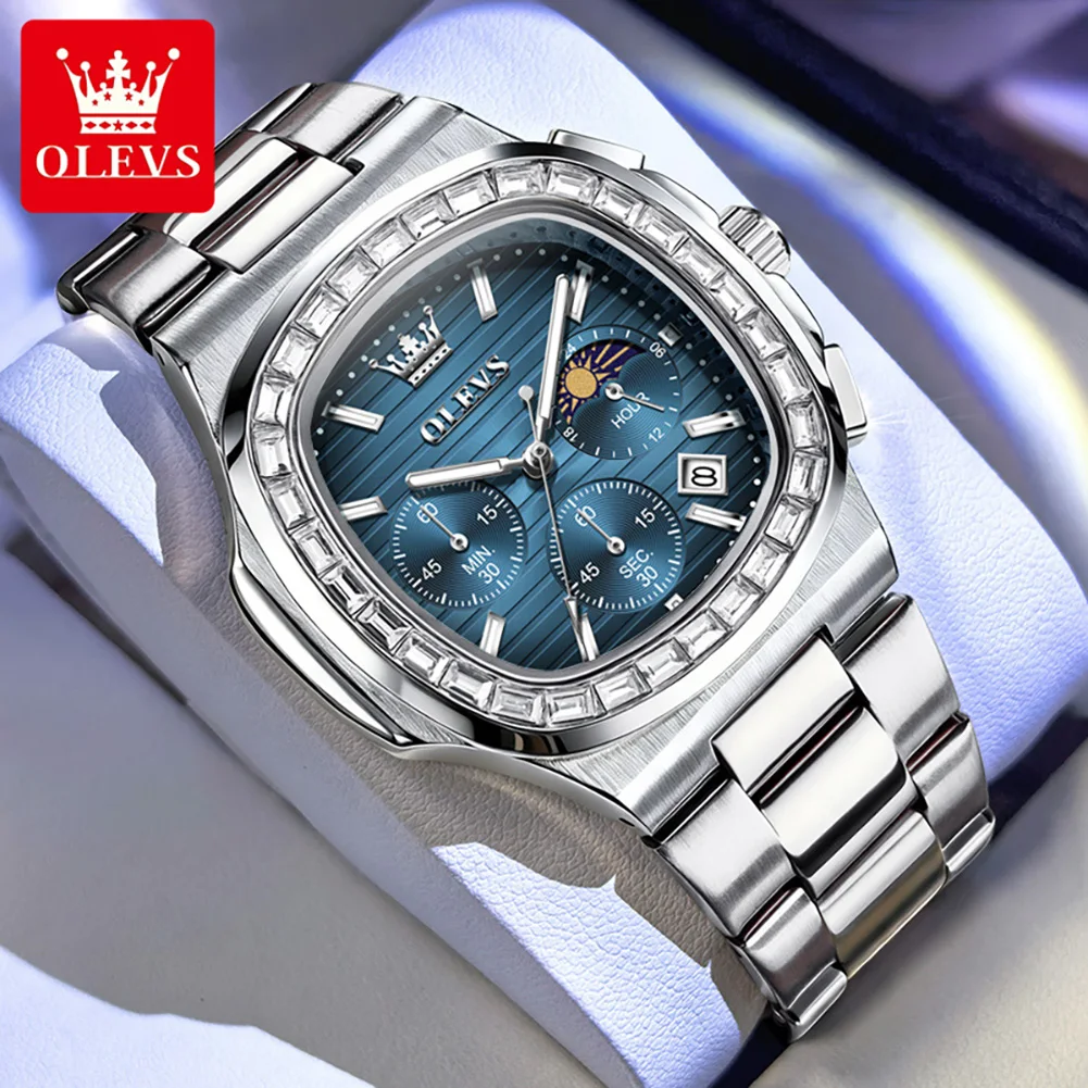 OLEVS Brand Luxury Men Wristwatch Diamond Encrusted Bezel Chronograph Moon Phase Display Watch Stainless Steel Band Waterproof