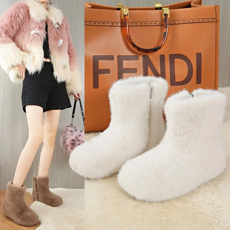 New Fashion Fox Fur Woman Snow Boots Rainbow Multicolor Lady Winter Boots Warm Boots Women Boots Shoes Bottes De Neige Femmes