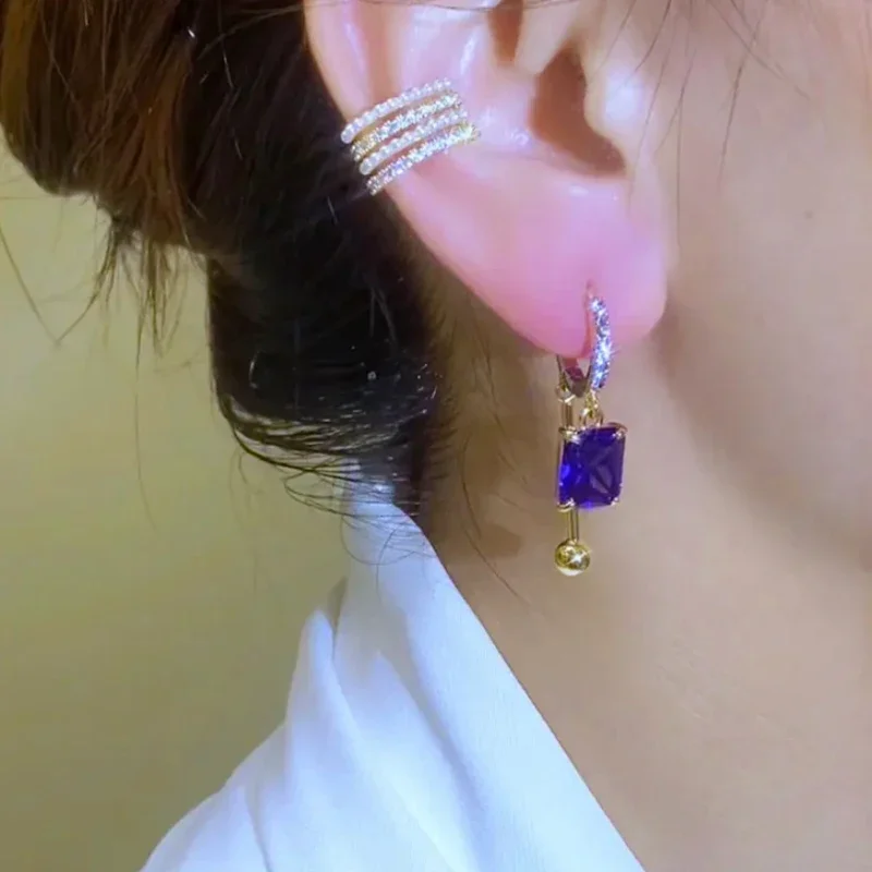 New Unique Purple Square Crystal Pendant Earrings for Women Fashionable Exquisite Elegant Temperament Girls Party Jewelry Gift