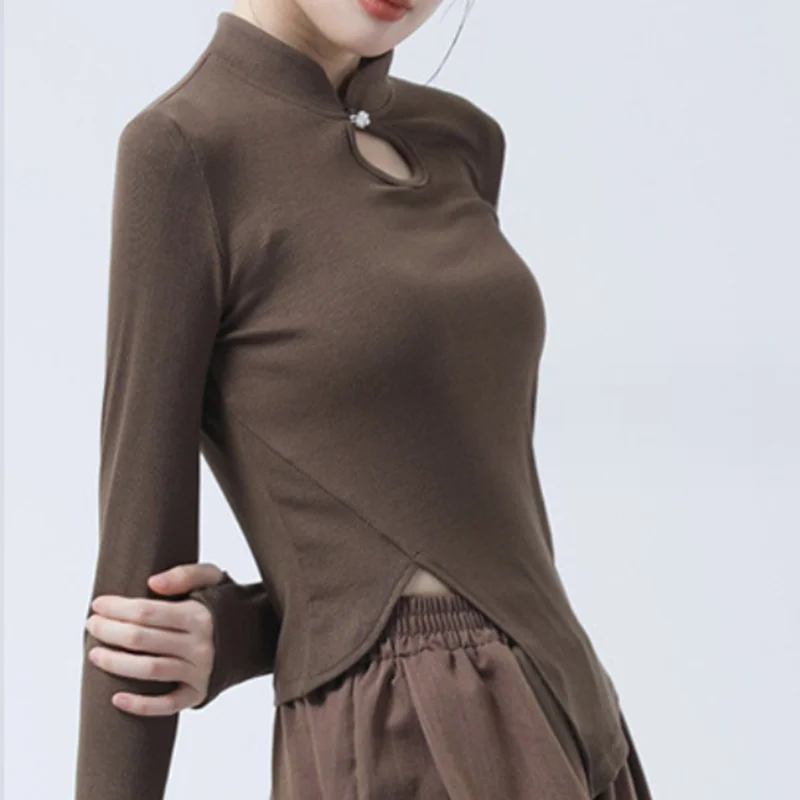 Classical Dance Practice Tops Finger Sleeves Cheongsam Neck Slim Costume Elegant Pretty Stage Performance Clothing Yoga Clothes