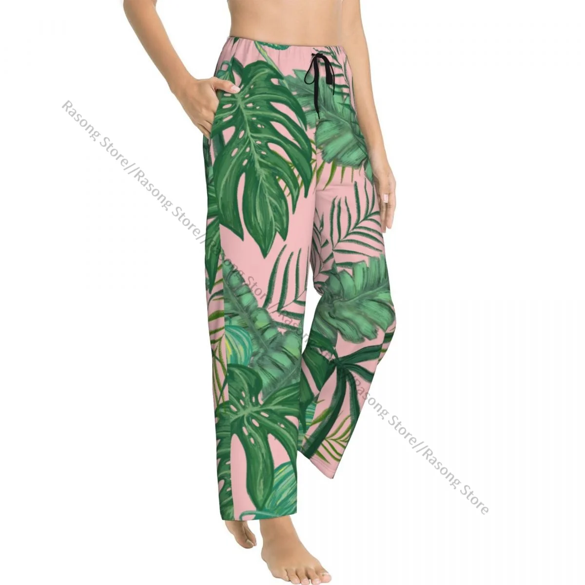 Warm Women Pajama Pants Tropical Green Leaves Flannel Sleep Bottoms Soft Fleece Loungewear