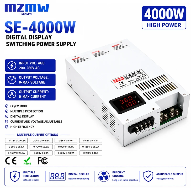 MZMW 4000W Digital Display Adjustable Switching Power Supply AC DC CC CV 110V 220V 380V Input 0-12V 24V 36V 48V-110V 220V SMPS