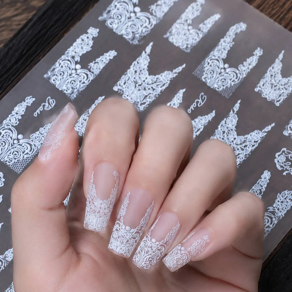 1 Stück 5D Gothic Elegante Spitzen-Nagelkunst-Aufkleber V-förmiges französisches Spitzen-Design Nagelsticker Selbstklebender Spitzen-Nagelslider 8*10cm # – Detail 3