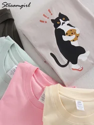 女性用コットンTシャツ,半袖トップス,猫柄,ルーズ,ピンク,2022