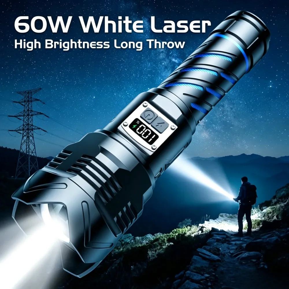 Outdoor Patrol 60W Bright LED Flashlight Digital Display Zoomable Rechargeable Multi-functional Long Range Torch