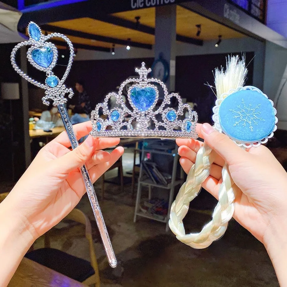 Little Girls Elsa Magic Wand Queen Crown Snowflake Weaving Braid Elsa Cosplay Props Kids Play Toys Pink Blue Crystal Accessories