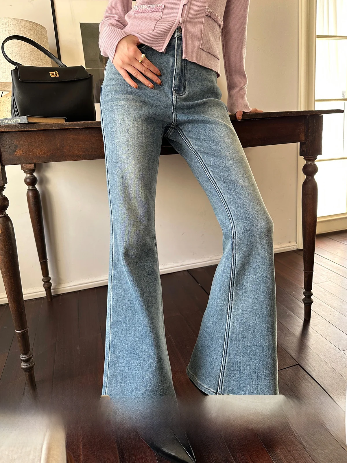 

Джинсы с подкладкой в стиле ретро, хлопковые эластичные женские облегающие брюки с высокой талией, оригинальный дизайн, зимние брюки