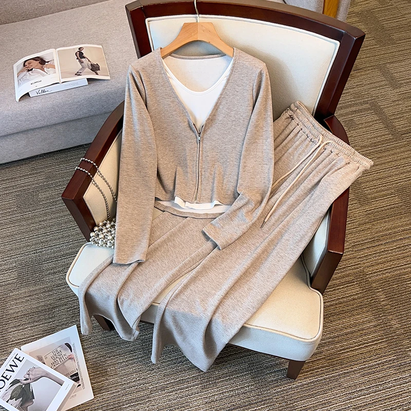 Autumn oversized Two-piece vintage solid color long-sleeved zipper shirt shirt Women's casual loose straight leg pantsuit  cloth