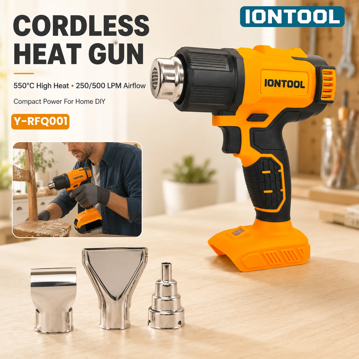 Cordless Heat Gun For Shrink Tubing - IONTOOL 250/500LPM 550 ℃ 熱収縮チューブ、ワイヤーはんだ付け、電子工作用コードレスヒートガン（本体のみ）