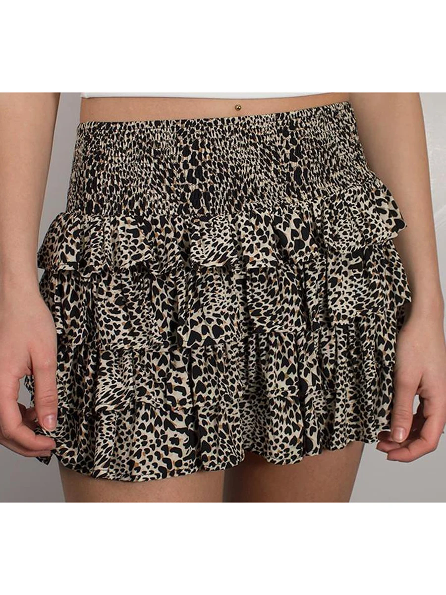 Fashion Women's Leopard Print Skirt Elastic High Waist Tiered Ruffled A-Line Short Skirt for Summer Streetwear