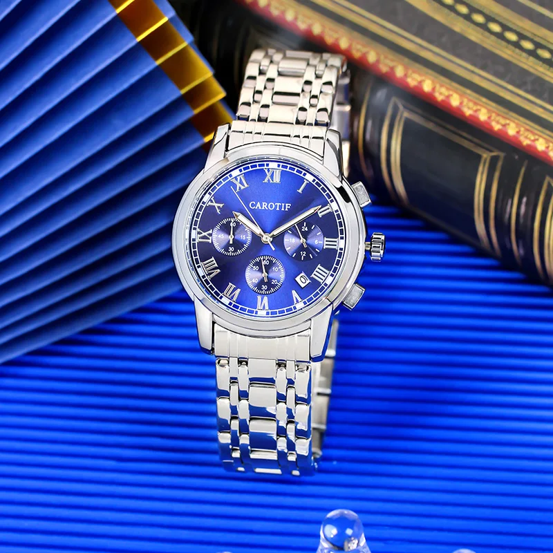 

Мужские серебристо-синие модные минималистичные кварцевые часы с ремешком из нержавеющей стали и индексной стрелкой.