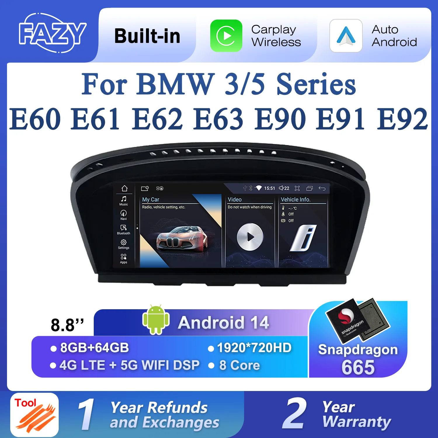 

8.8 Inch Wireless CarPlay Android Auto Radio Screen For BMW 3 5 Series E60 E61 E62 E63 E90 E91 E92 Car Multimedia Player DSP GPS