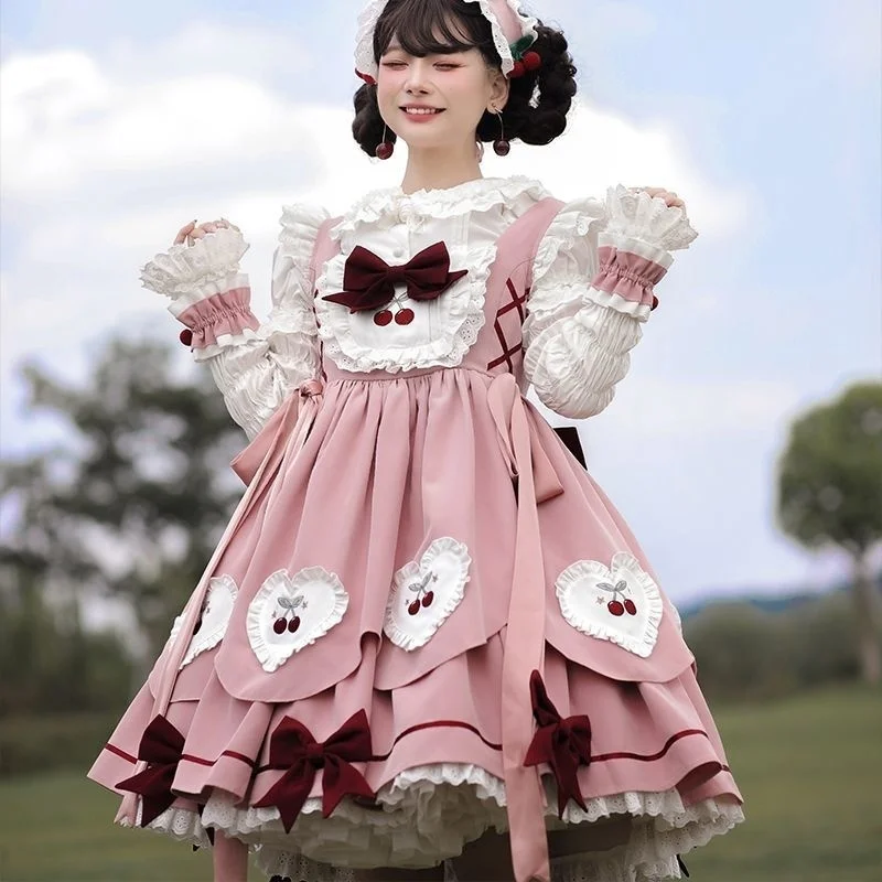 Vermelho cereja kawaii lolita vestido feminino arco xadrez doce bonito festa mini vestido feminino francês vintage suspender vestido 2023 verão novo