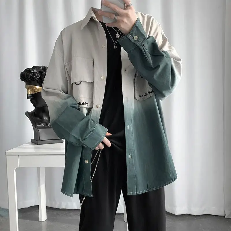 spring autumn new Turn-down Collar Long Sleeve fashion shirt man High street Button pocket patchwork Cardigan Contrast color top