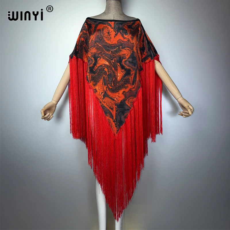 WINYI Women's Summer Pleated Fringed Dress Sexy Elastic Robe Fashion Luxury Party Evening Wear Beach Holiday Abaya