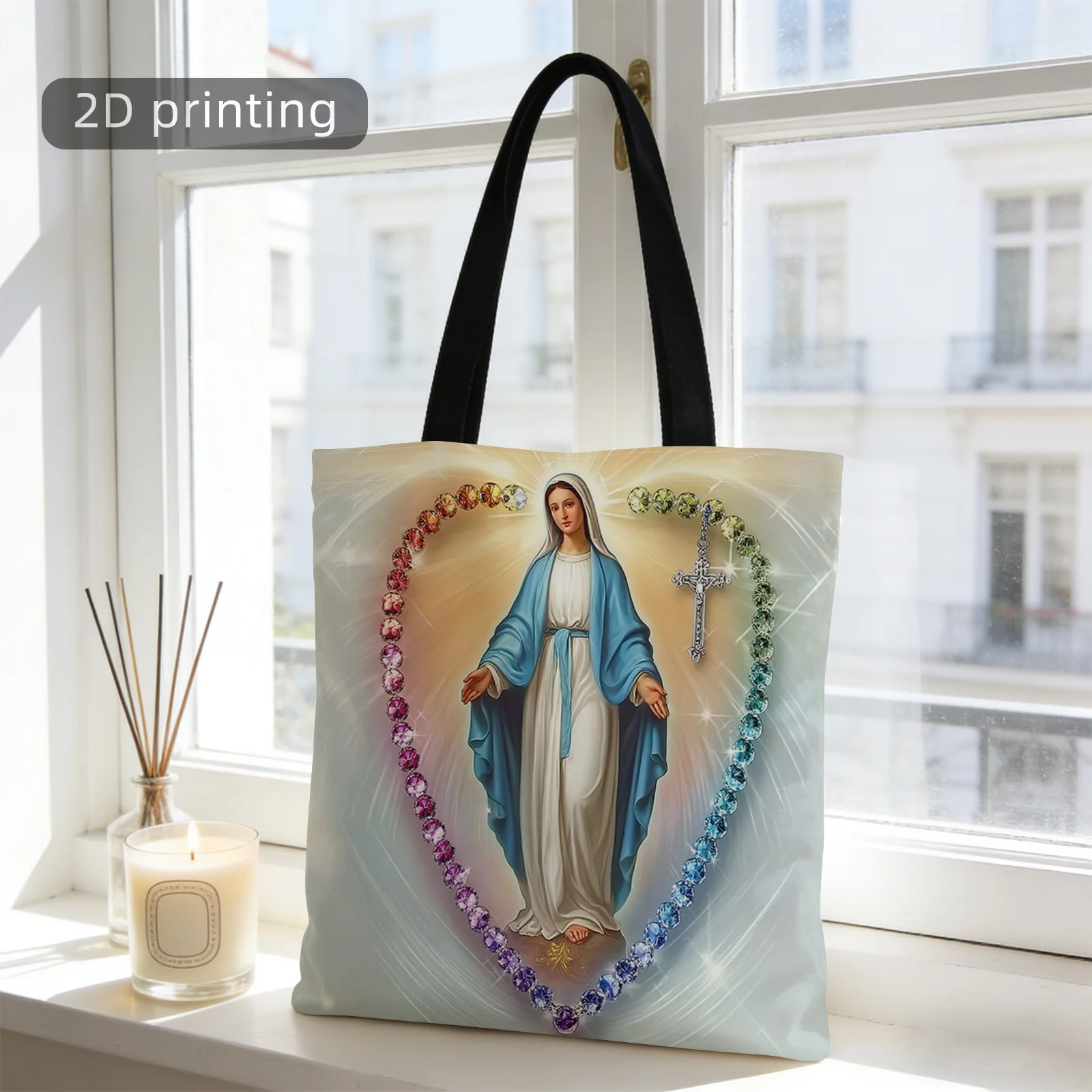 2D Printed Tote Bag, Featuring Cross And Rosary Beads, Designed for Religious Use. This Fashionable Reusable Shoulder Bag