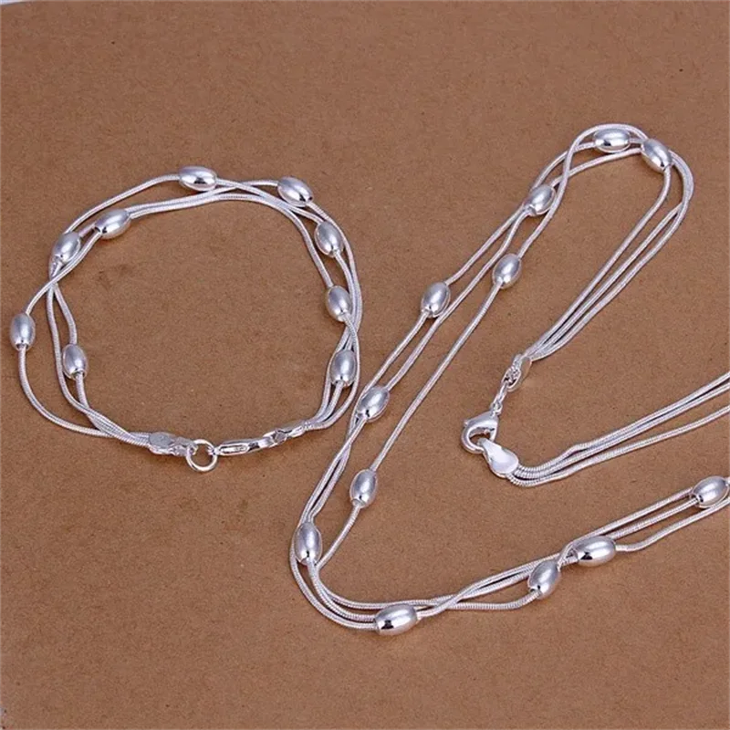 925 Sterling Silver Fringed oval beads Chain Bracelets necklace Jewelry set for women Fashion Party wedding accessories Gifts