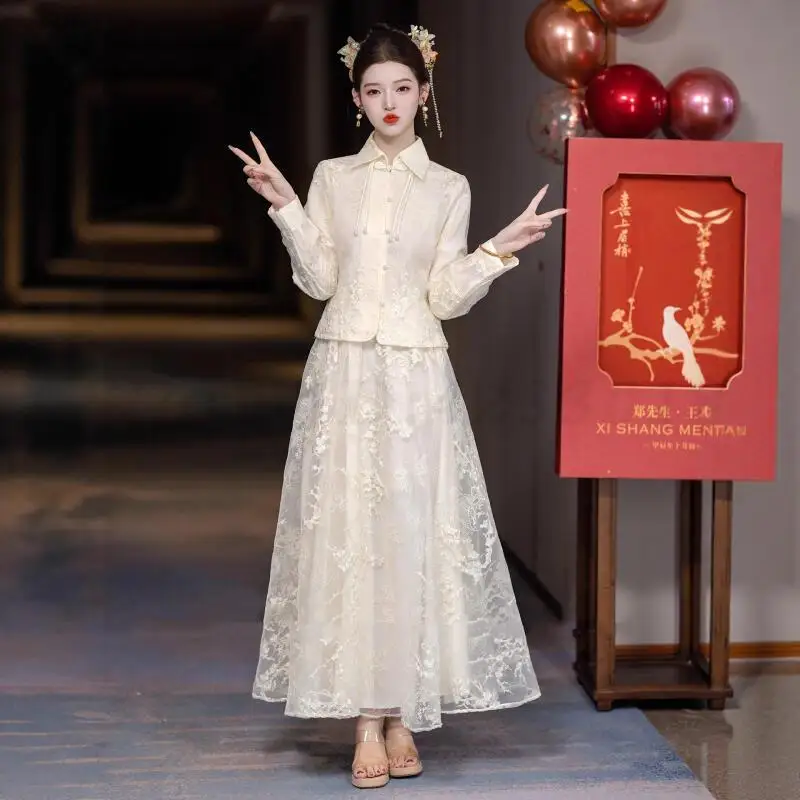 

Традиционное Xiuhe, новое платье цвета шампанского в китайском стиле, костюм Тан, обручальное свадебное платье подружки невесты, винтажное улучшенное Ципао