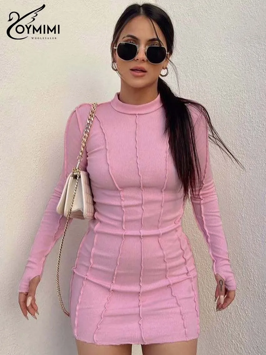 

Oymimi Casual Pink O-Neck Dresses 2024 Women Fashion Long Sleeve Slim Solid Dresses Elegant Straight Mini Dress Female Clothing