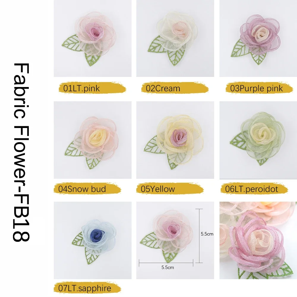 1pcs Handmade Organza Fabric Artificial Rose Flower For Wedding Dress Hats Decor Corsage Headwear Accessories