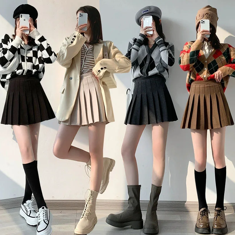 Faldas acampanadas de cintura alta coreana para mujer, Falda plisada de lana gruesa de estilo universitario, minifalda ajustada que combina con todo de Color sólido