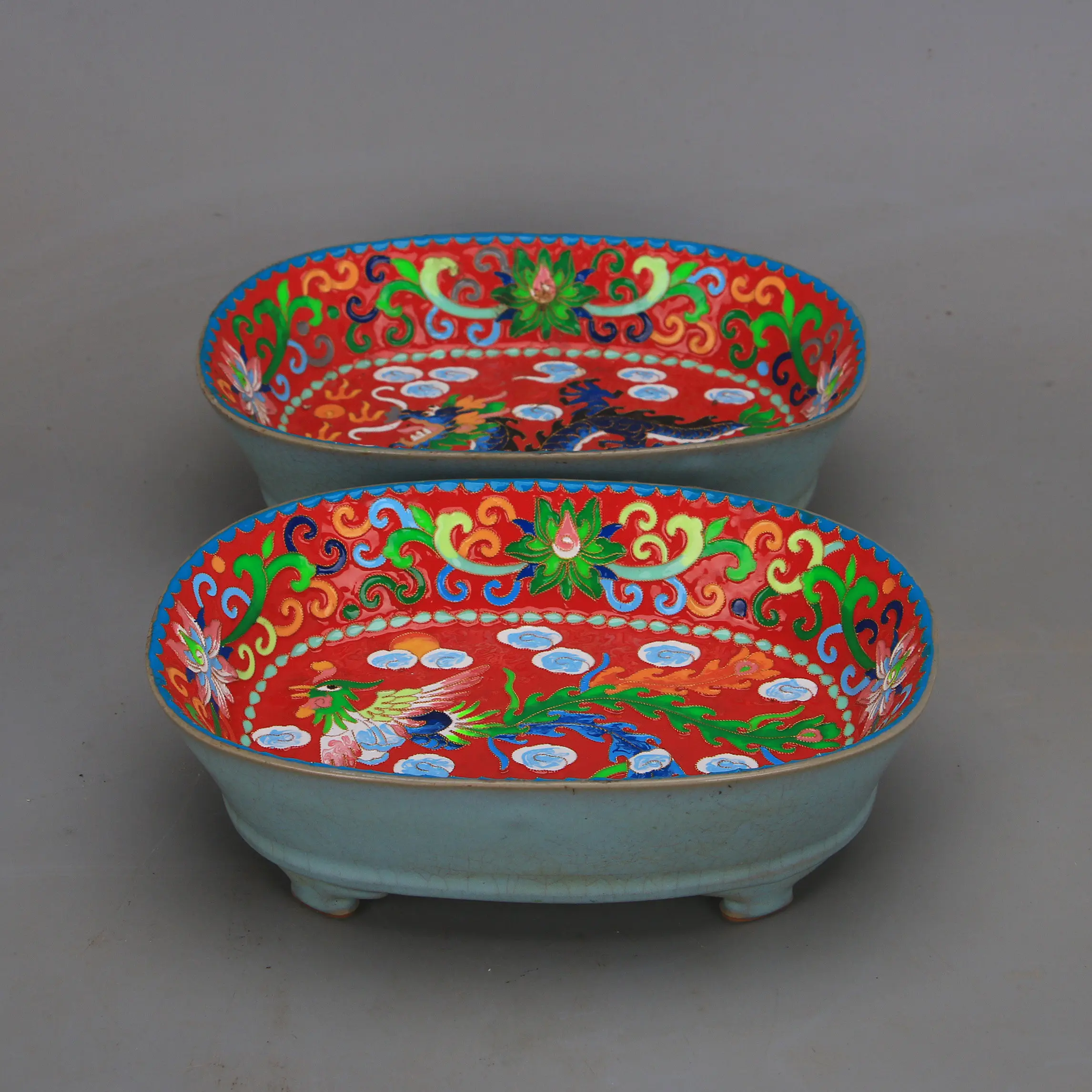 Antique Song Ru Style Cloisonne Dragon Pattern Narcissus Basin Pair Chinese Porcelain Home Decor Collectible