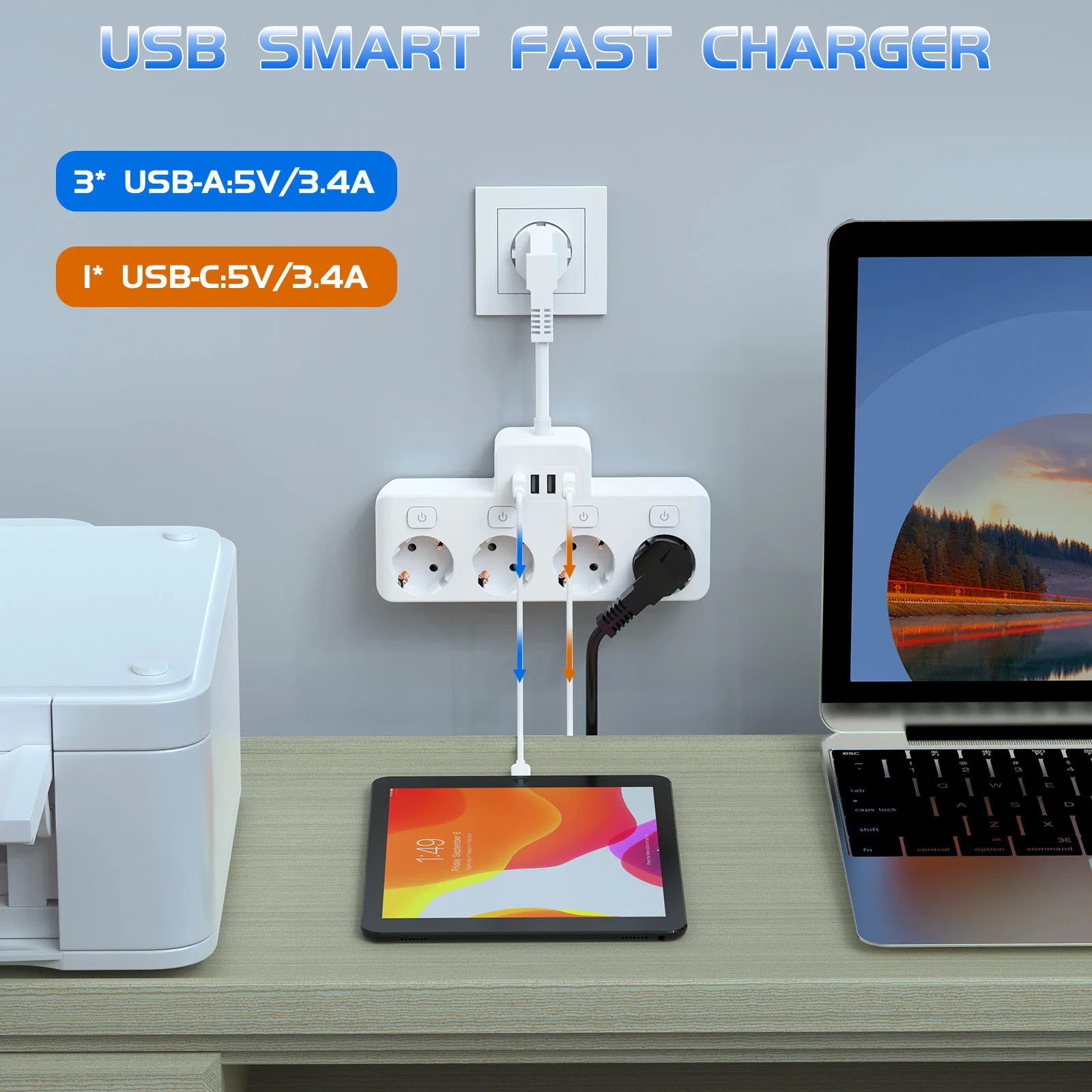 

Розетка платы питания 8-в-1 + 4 USB (включая Type-C) интеллектуальная быстрая зарядка; независимый переключатель; множественная защита безопасности