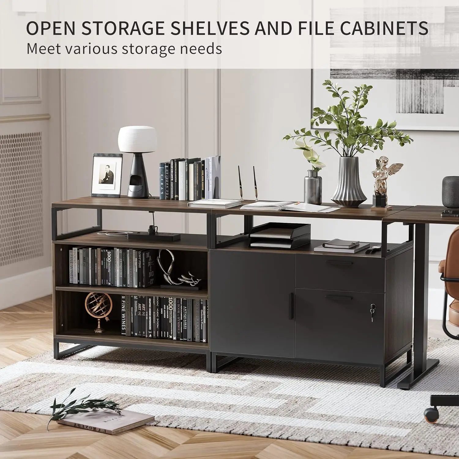 مكتب قائم على شكل حرف L مقاس 66 بوصة مع أدراج وأرفف، طاولة تنفيذية بارتفاع قابل للتعديل، جزء علوي من خشب الجوز الأسود/إطار أسود