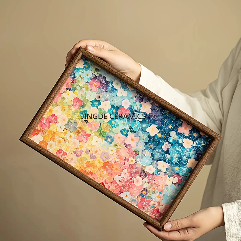 Wooden Tea Tray Flower Patterned Tea Tray Rectangular Fruit Platter Desktop Storage Tray Entryway Decor Household Goods