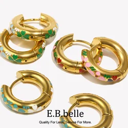 E.B.belle Colorful Enamel Clover Flower Hoop Earrings 316L Stainless Steel Fashion 18K Gold Plated Earrings for Women Jewelry