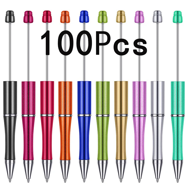 100Pcs Plastic Beadable Pens Multicolor Beads Ballpoint Pens Black Ink Ballpoint Pen for Kids Students Party Gifts