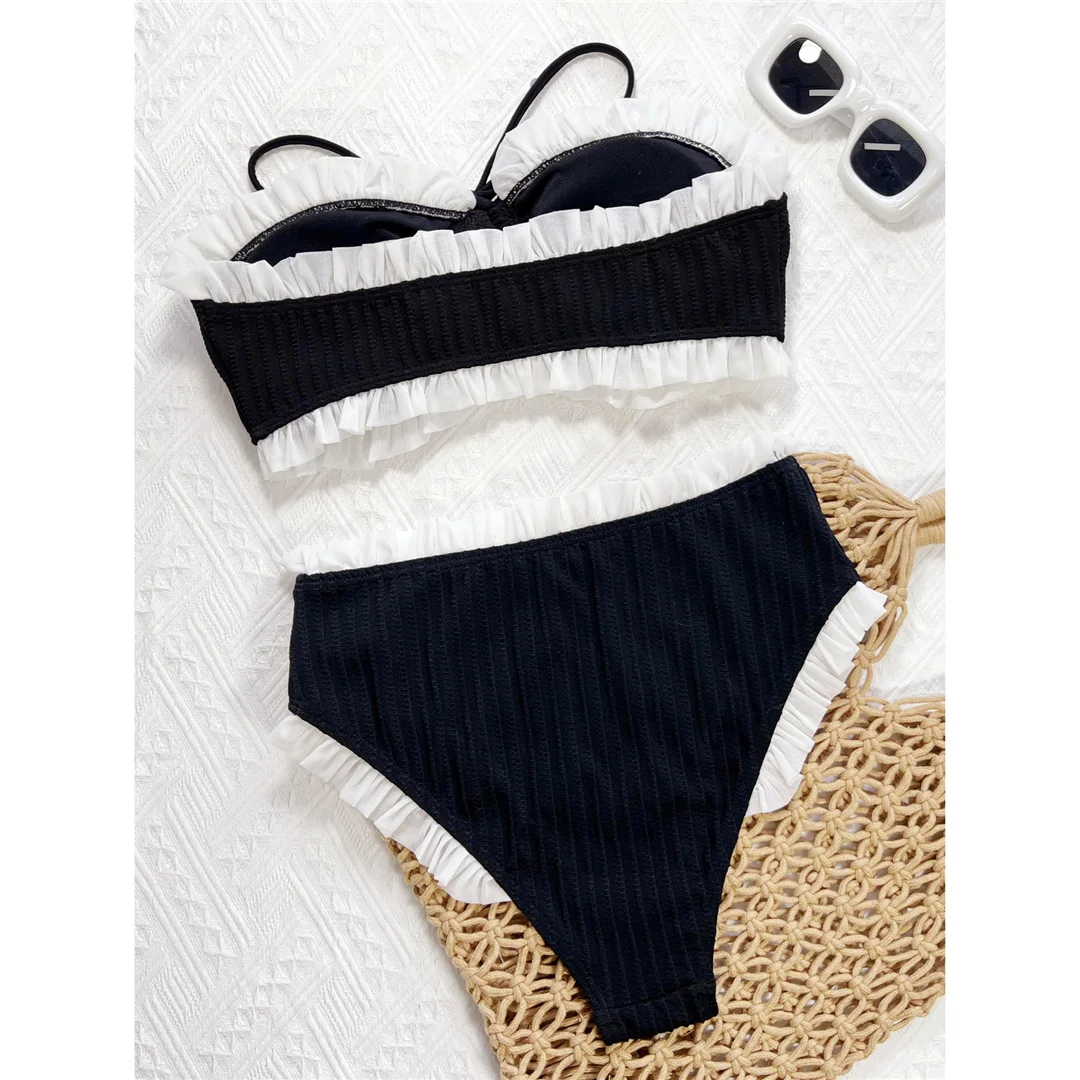Bandeau-Bikini mit Rüschen, hochtaillierter Damen-Badeanzug, zweiteiliger Bikini-Set, Badebekleidung, Badeanzug, Modell V7039 – Detail 10