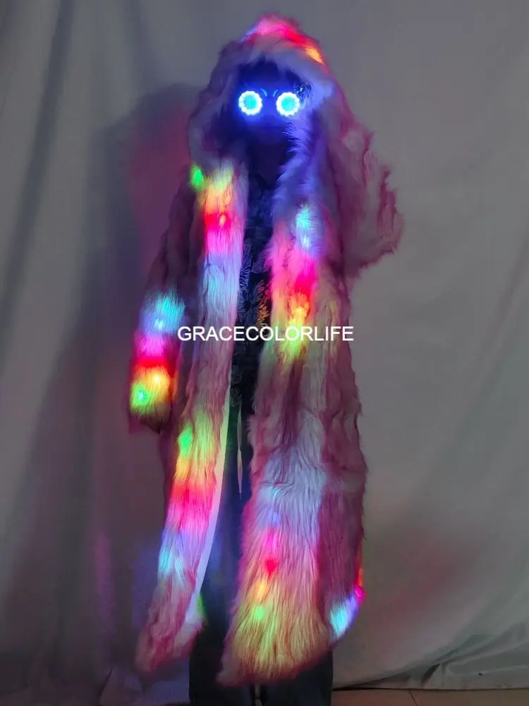 Jaqueta de pele sintética com luz LED para mulheres Rave Costume Party Club Performance Plus Size