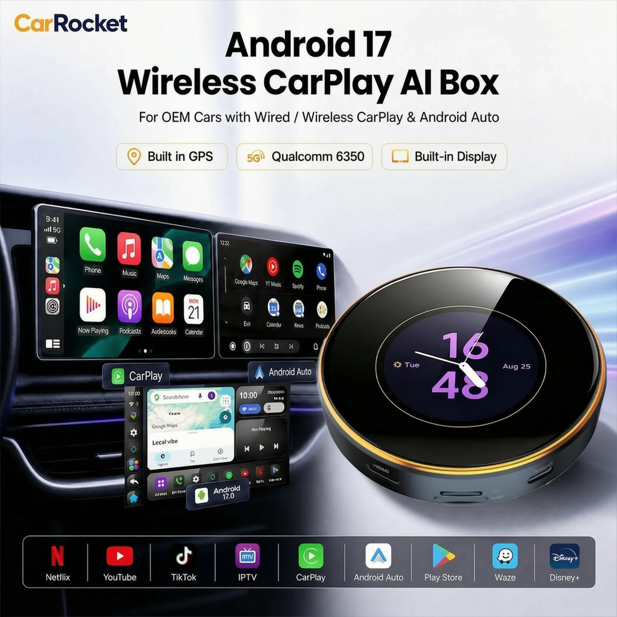 2026Android17 CarPlay Ai Box CarRocket Wireless Android Auto 4in1 USB Adapter For Youtube Netflix Universal TV Box Plug And Play
